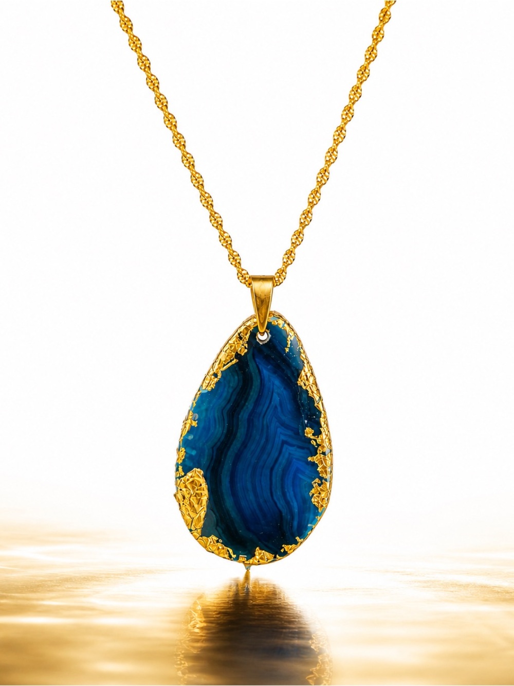 Handmade Blue Agate Pendant Necklace Gold Plated 45cm Statement Jewelry - Picture 4 of 8